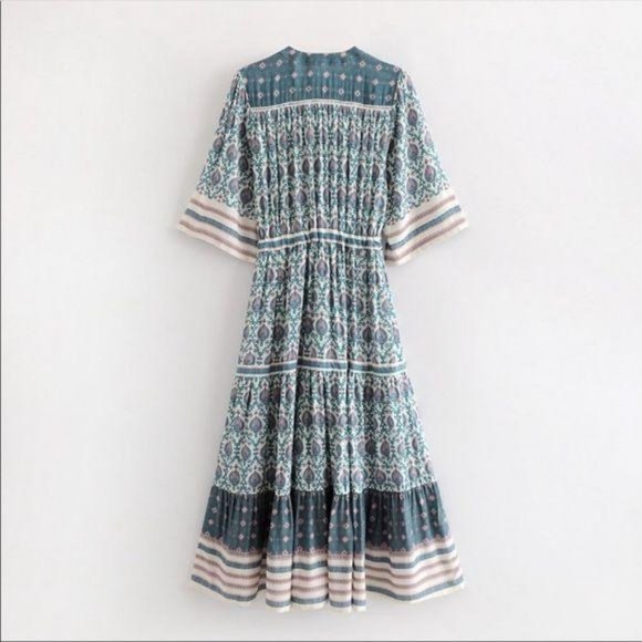 Bohemian Gypsy Print Kimono Maxi Dress Blue Cream - Picture 5 of 9